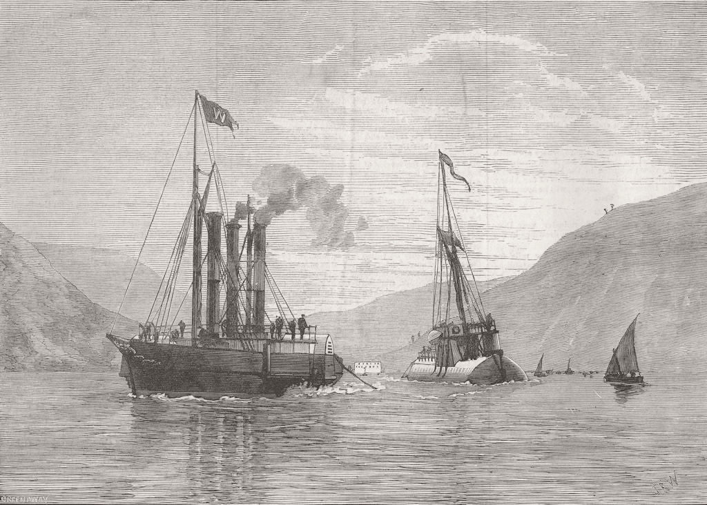 FERROL. Submarine Cleopatra, tow of Steam-Tug Anglia 1878 old antique print